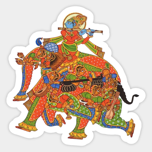 "Narikunjar" Elephant formation by women and lord krishna print indian folk art "phad painting" Sticker by gopalpjoshi